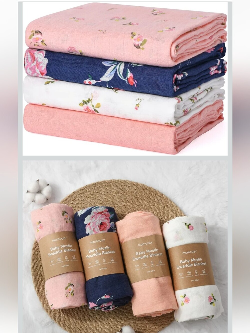 Momcozy Muslin Baby Swaddle Blanket Set - 4 Pack - 47" x 47" Floral Pattern